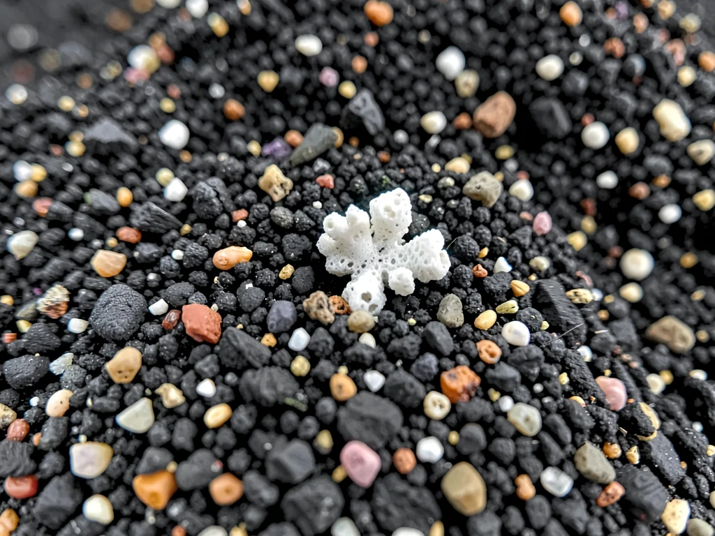 Black sand with single white coral fragment