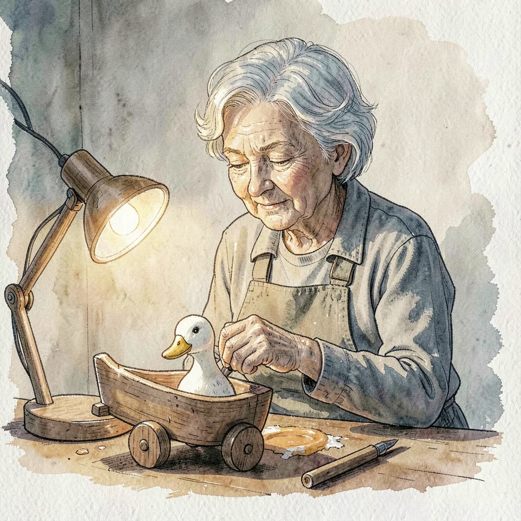 A gentle white toy-maker in her forties carving a wooden duck on wheels, lamp on