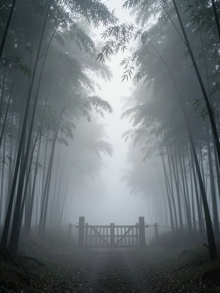 A path through a bamboo forest in mist, the tall stalks fading into white at the