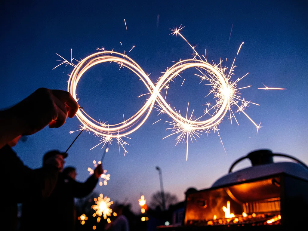 A sparkler being waved in a figure-eight pattern against twilight sky, the light