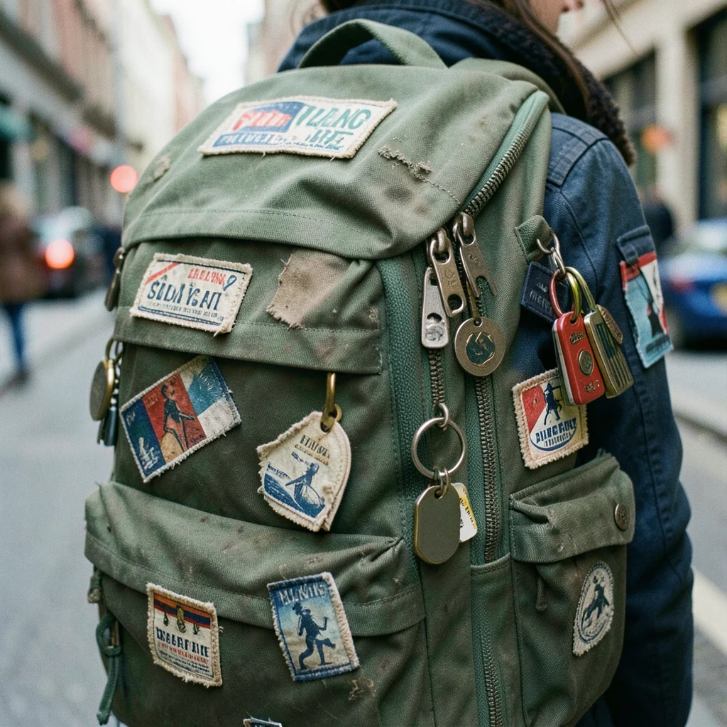 Close-up of backpack details, zippers, patches, keychains, personality