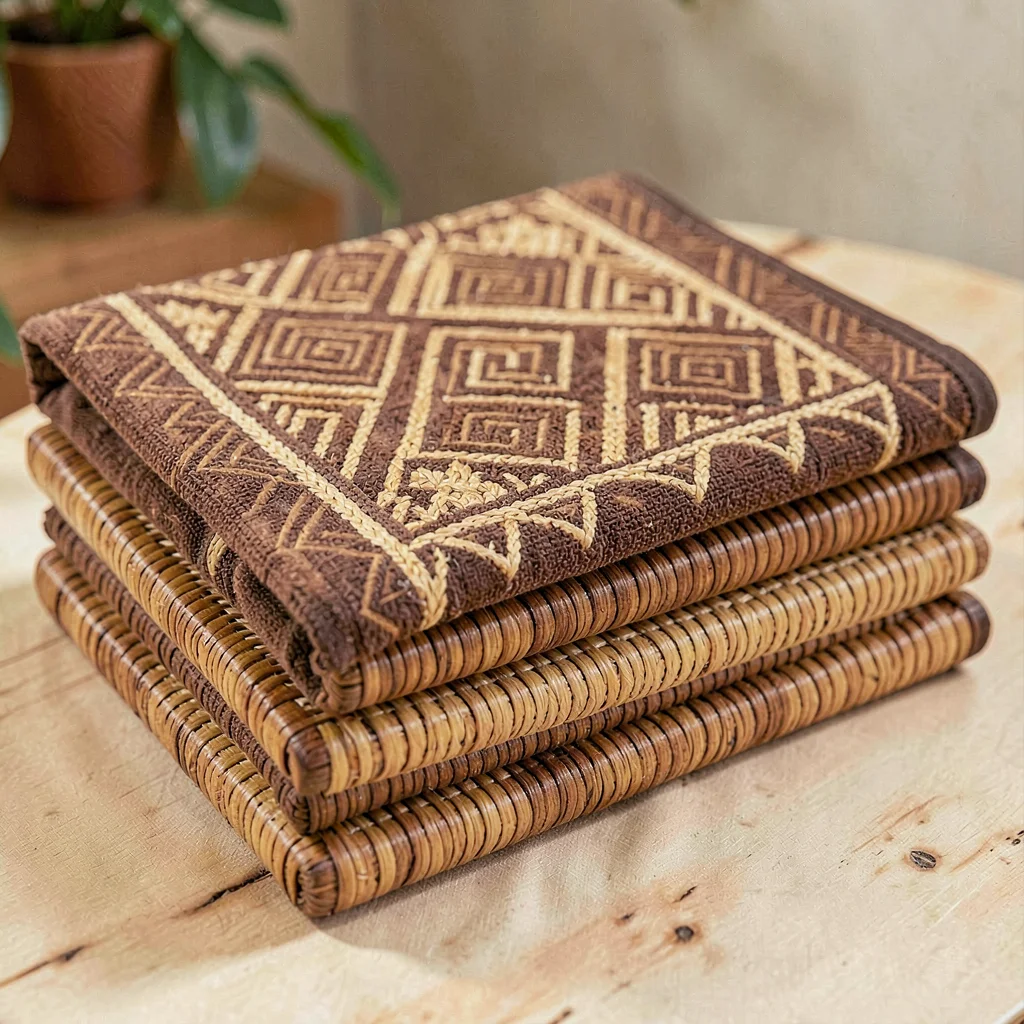 Warm tapa cloth browns and geometric pattern rhythm, A stack of woven pandanus m
