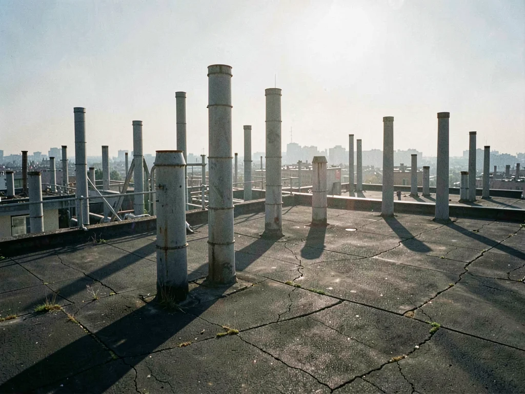 Midday haze glares above a dense vent stack field, casting short stubby shadows 