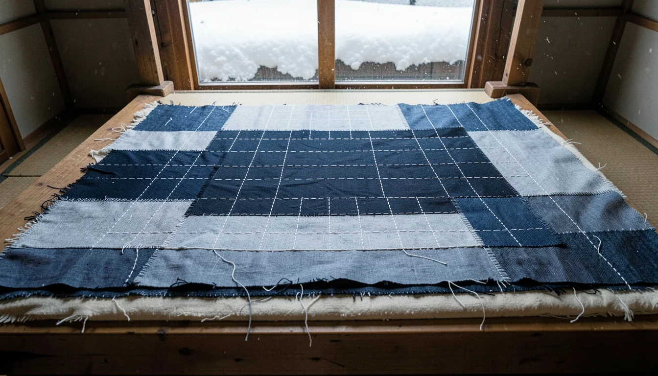 Documentary-style photograph, intimate and close, northern Japanese textile work