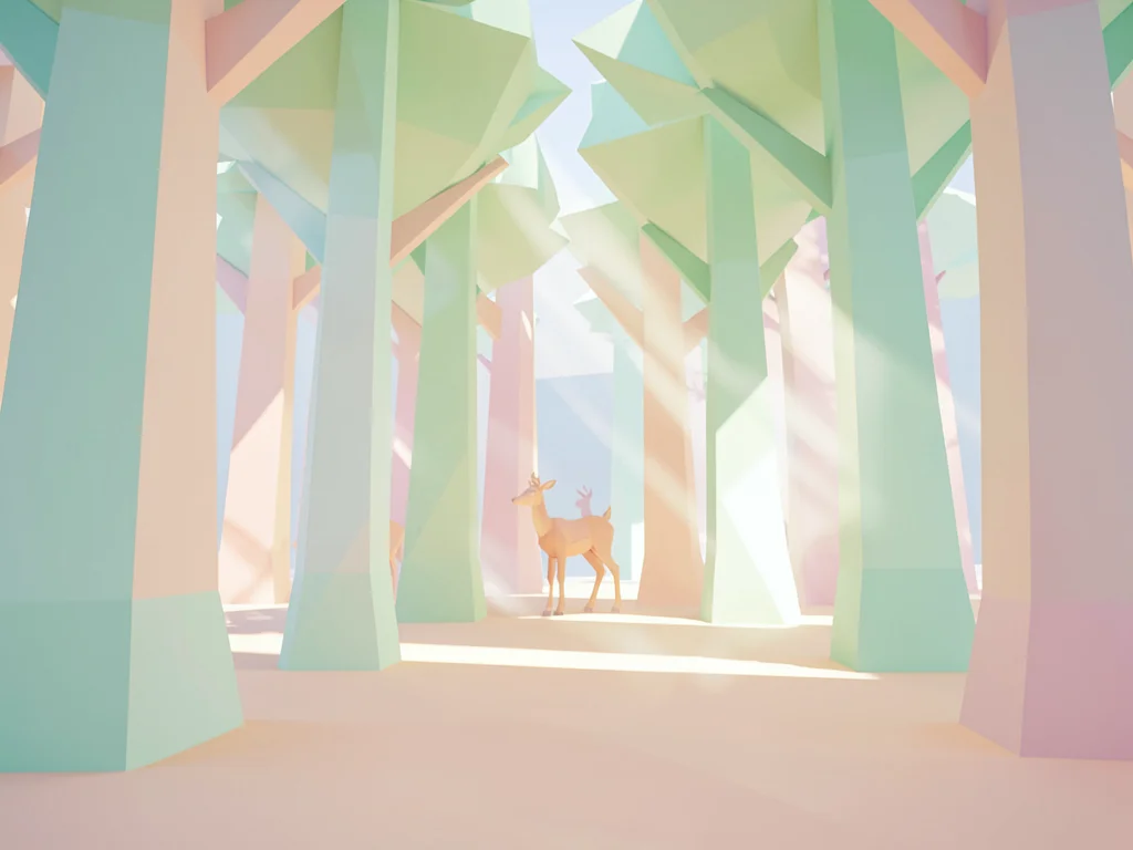 Mint-and-peach lowpoly forest grove with shafts of pastel light cutting between 
