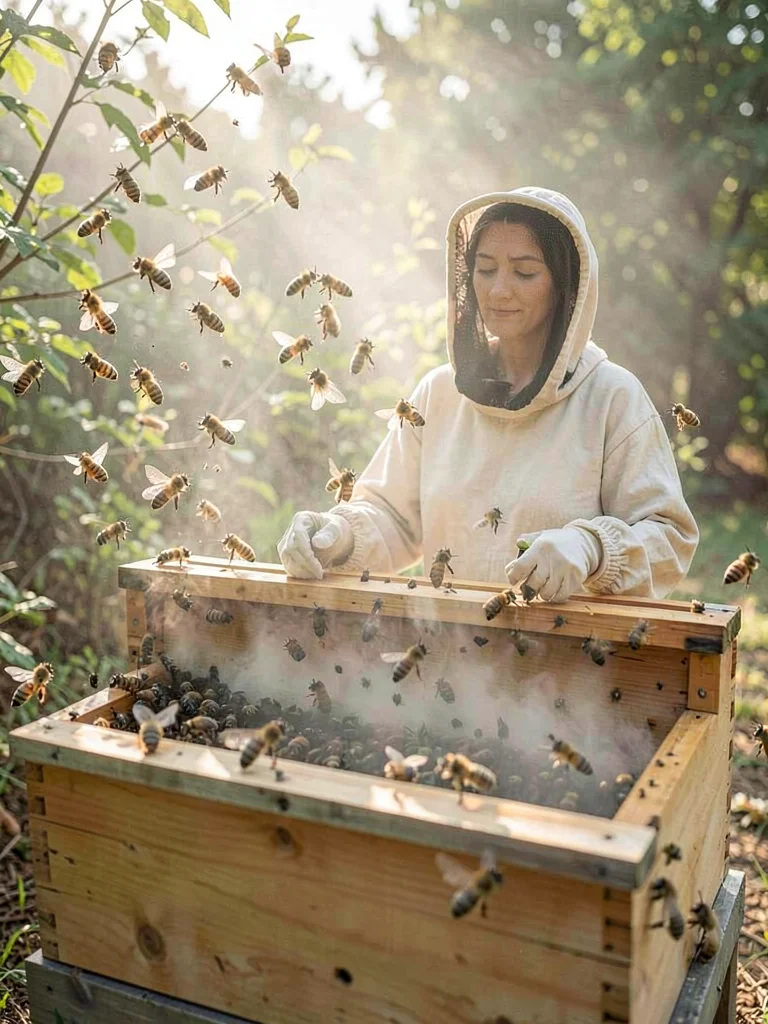 Beekeeping, hive a haze of activity, keeper's veiled face serene at center