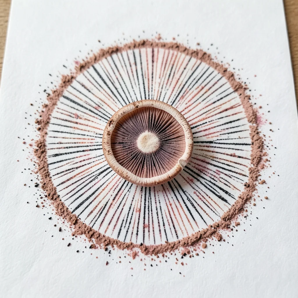 Partial spore print still in progress, mushroom cap sitting on paper with deposi
