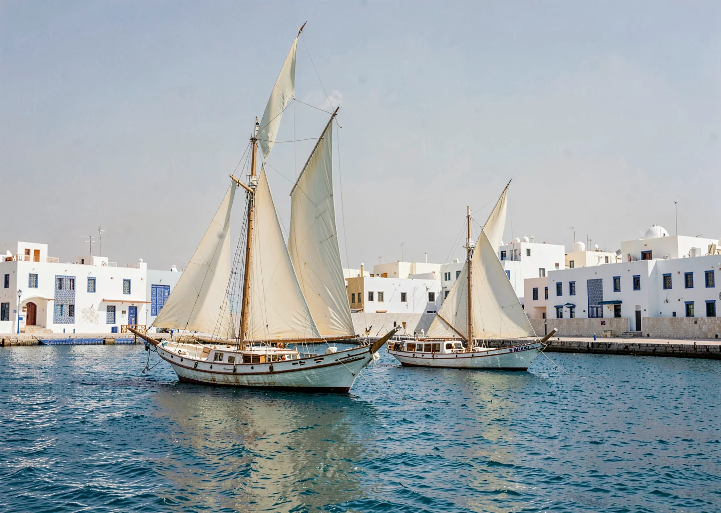 Extreme minimalist restraint of Muscat, Oman, white dhow boats in harbor, cream 
