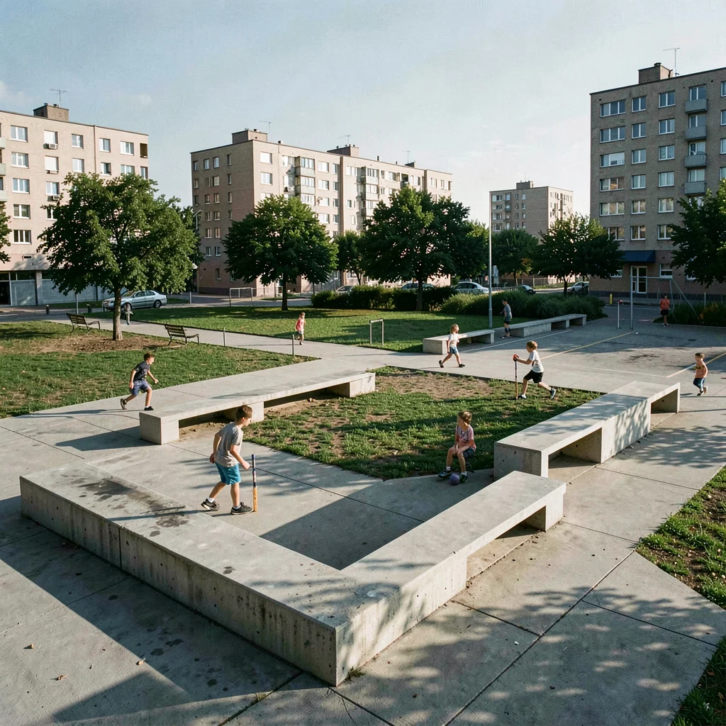 Planned city photography, modernist urbanism, Children playing cricket in a sect