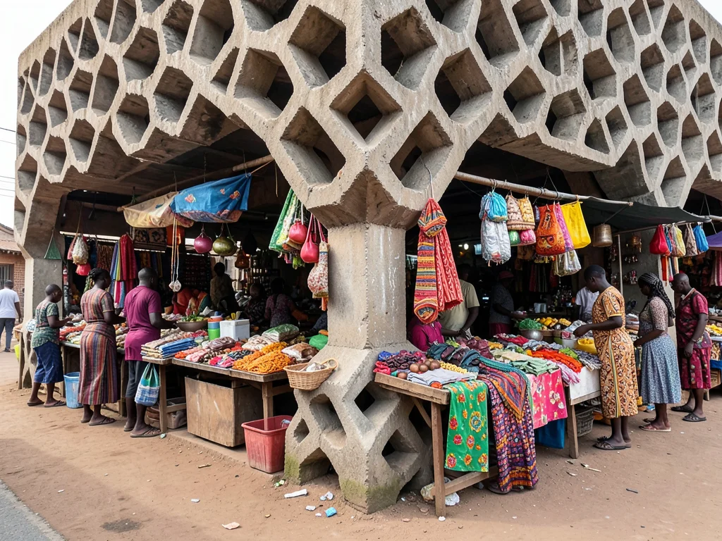 African market stalls built into brutalist concrete honeycomb structure, vibrant