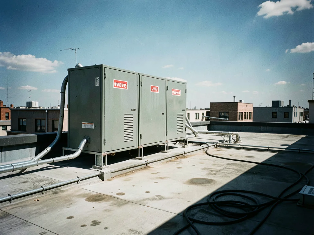 Rooftop at midday with harsh shadows from HVAC equipment