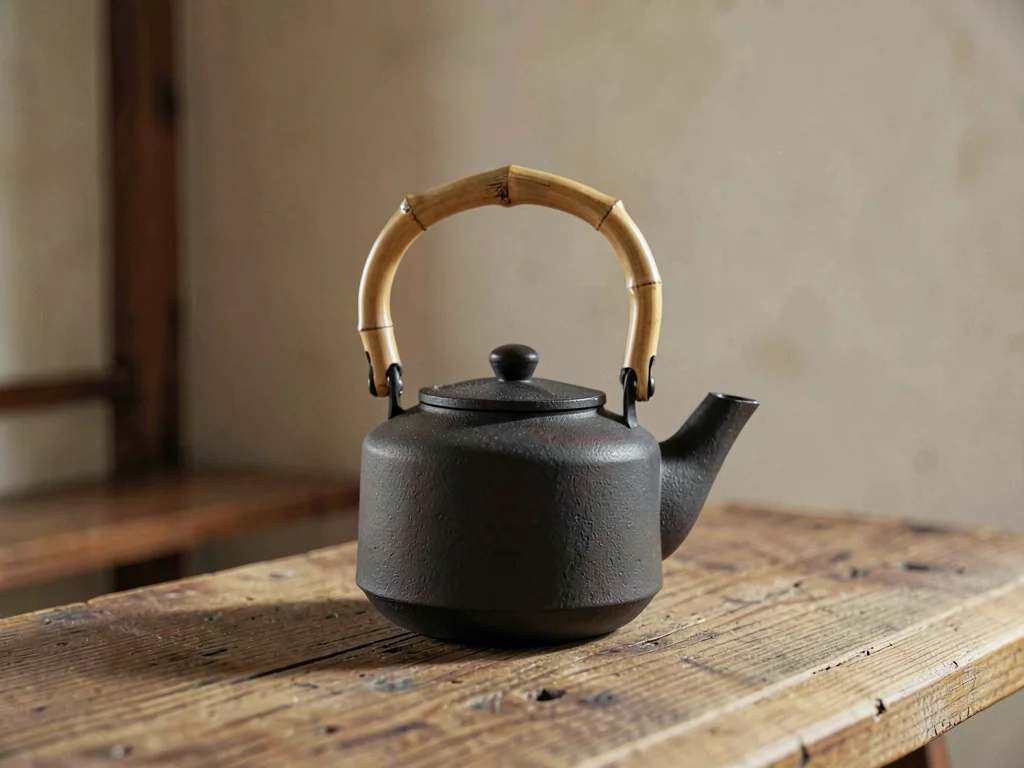 One slim cast iron kettle with bamboo handle and patinaed black surface centered