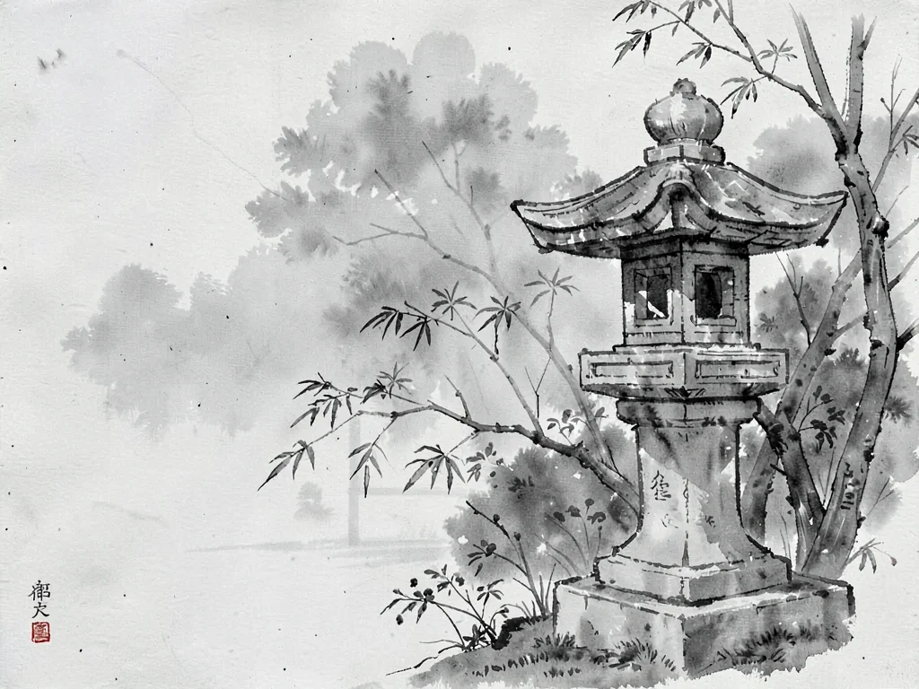 Stone lantern half-visible in garden fog