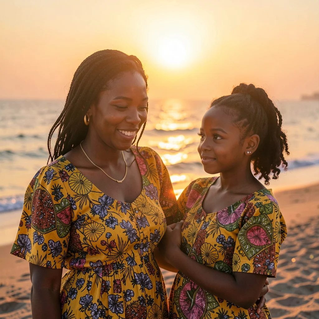 Peachy golden Dakar sunset light through sea haze, Mother and daughter in matchi