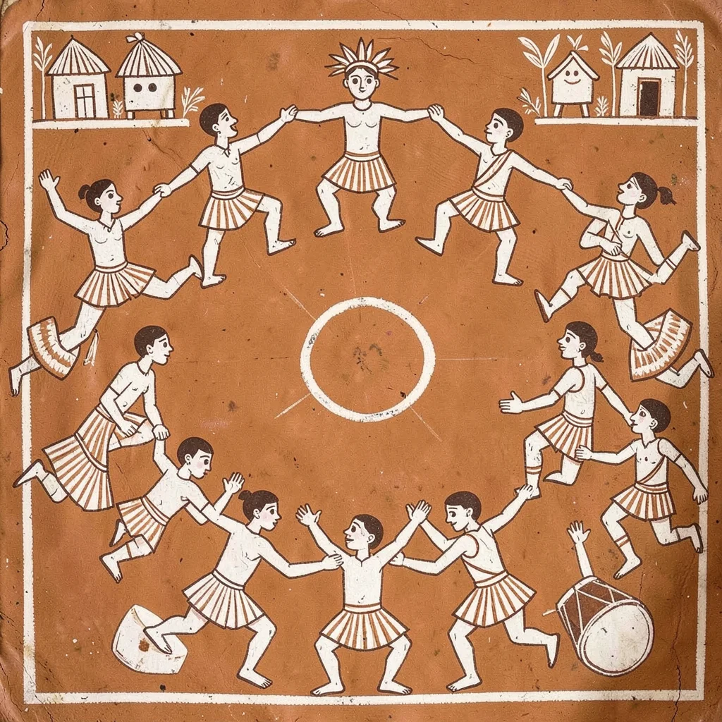 Circle of figures dancing around a central drummer — hands joined, feet lifted