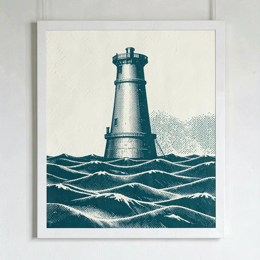 Screenprint window-decal motif of a halftone foghorn over halftone waves in deep