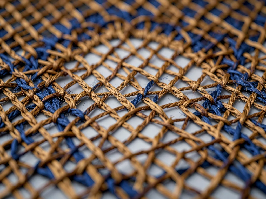 Leno weave of ramie pairs warp threads dyed walnut-brown creating diamond mesh a