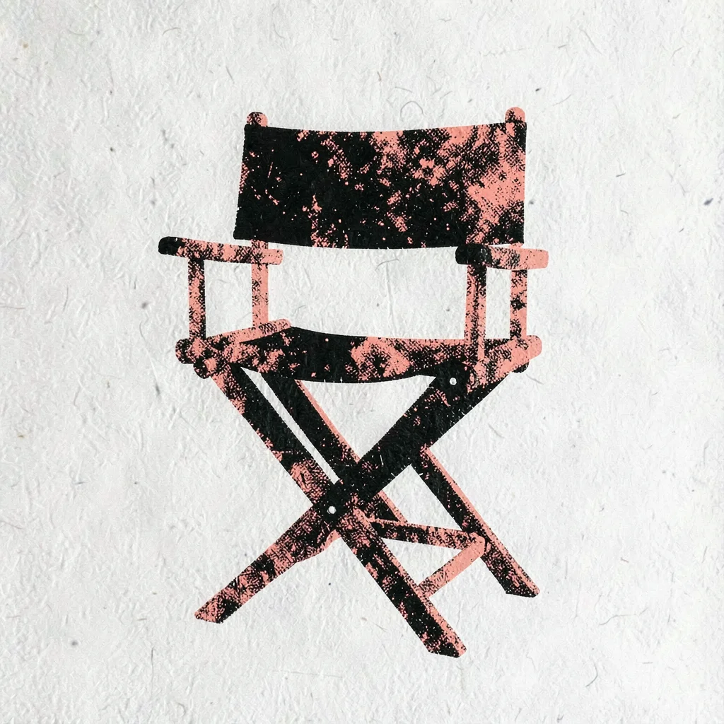 silhouette of a single director's-chair in coral and black halftone with paper g