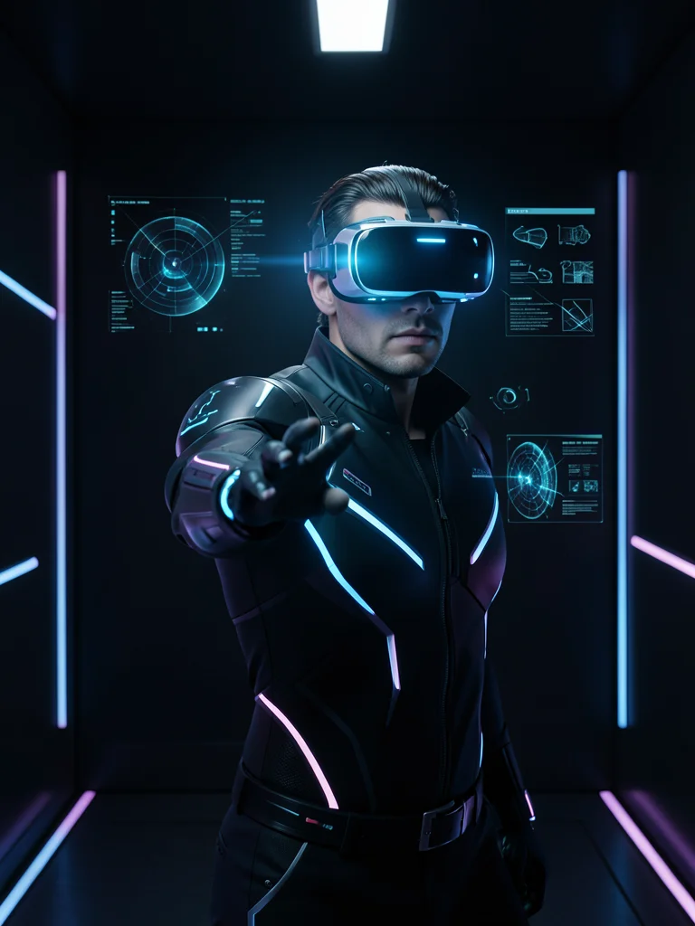 Person wearing VR headset reaching forward in a dark room lit by the headset glo
