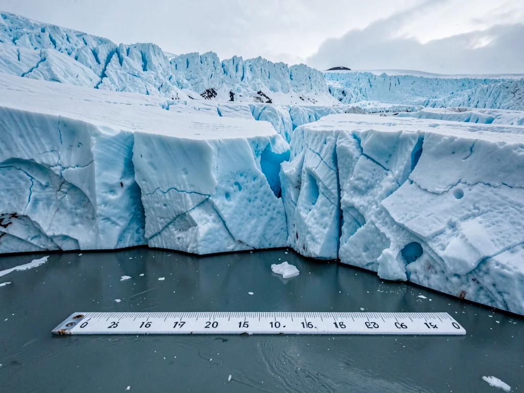 Ice cliff meeting water showing scale