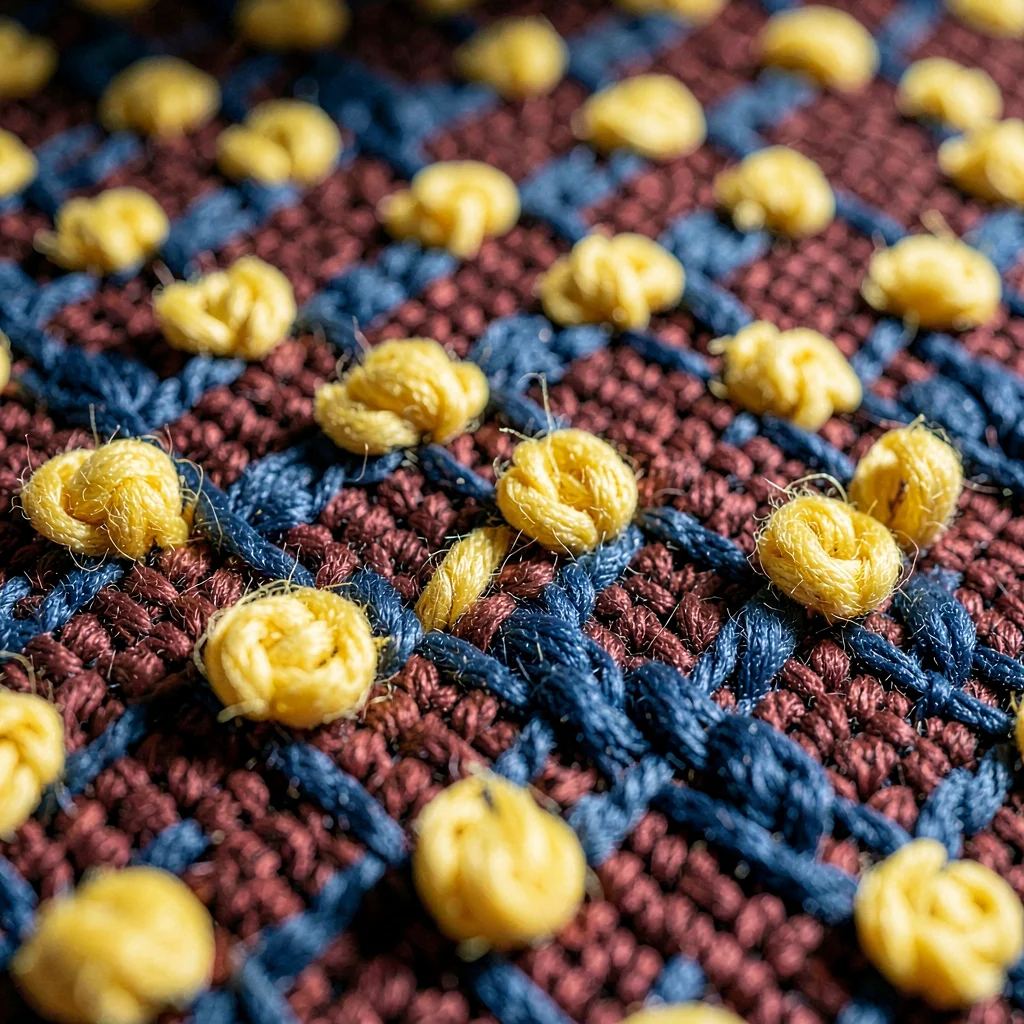 Jacquard rhythm reduced to pattern of weld-yellow cotton floats on madder-russet