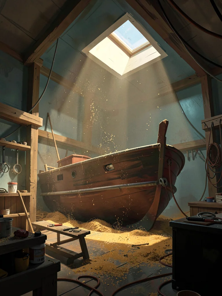Boatyard interior with a single skylight shaft over a half-built hull, warm ambe