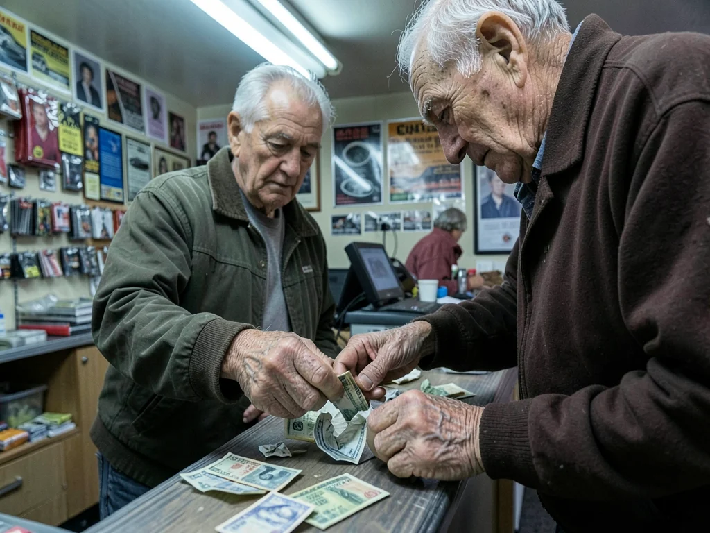 Elderly man counting crumpled bills at a pawnshop counter, fluorescent light har