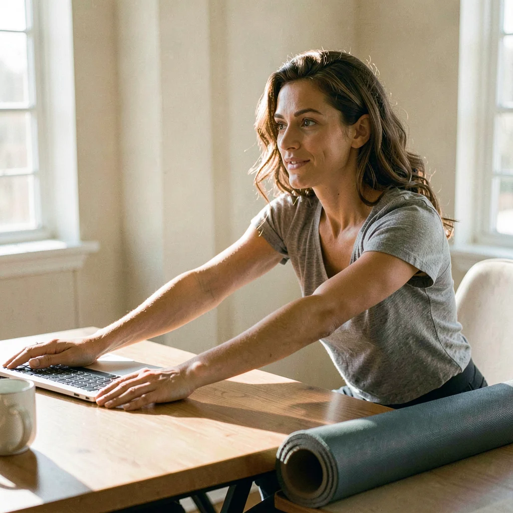 Documentary photograph, Woman stretching at her desk during work from home break
