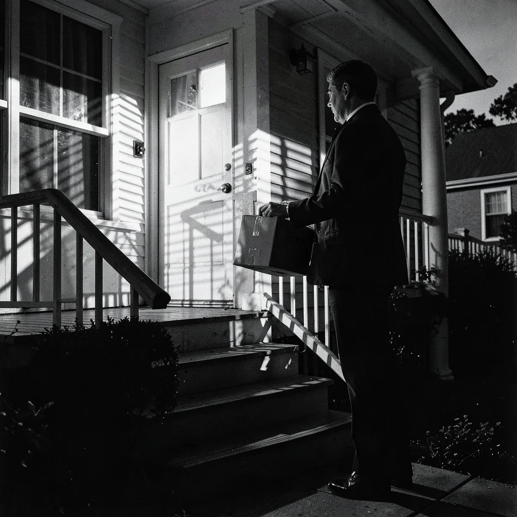 Porch light creating hard shadows on steps, delivered package waiting, suburban 