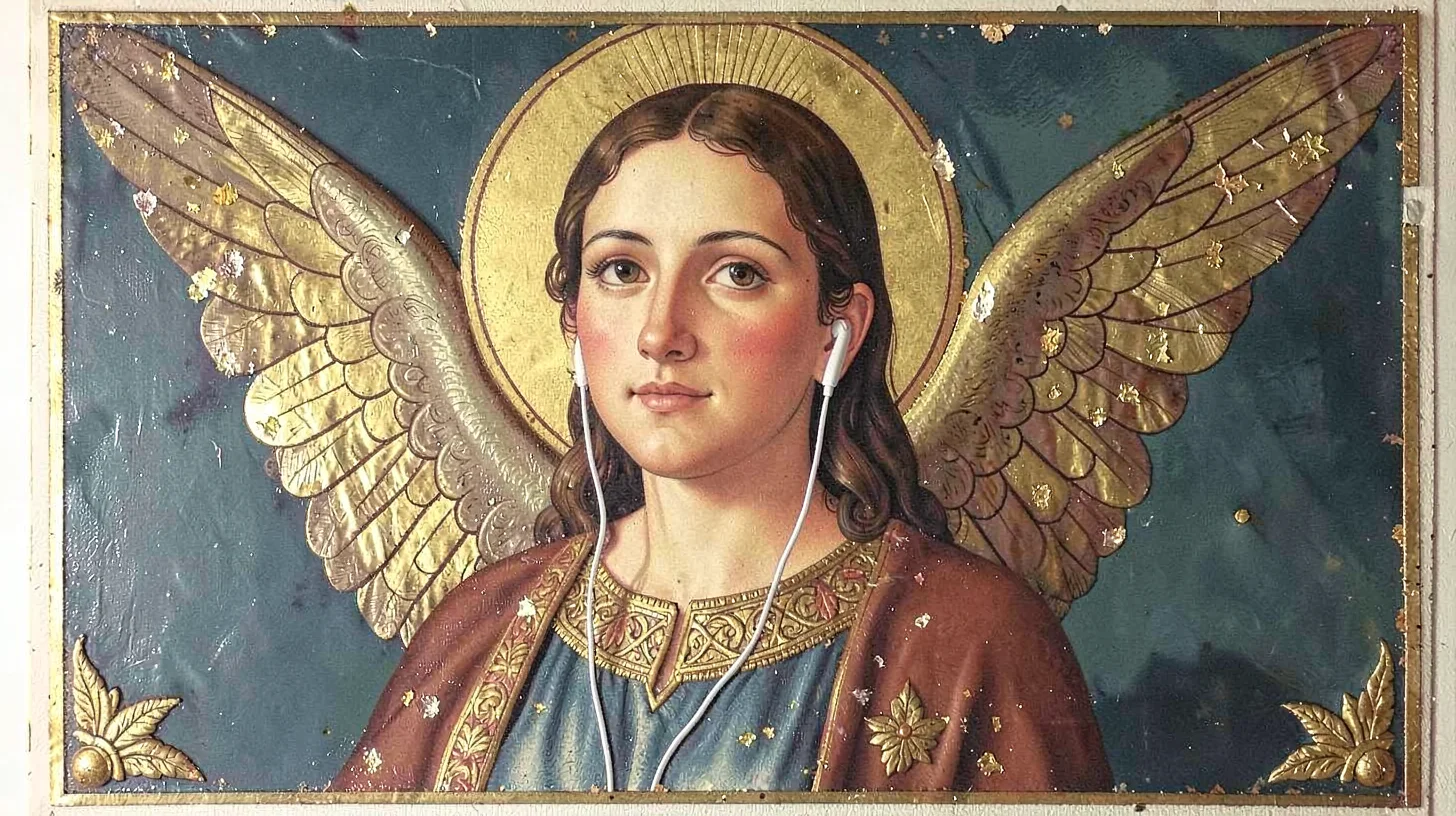 Egg tempera illustration, angel with wireless earbuds , yolk-bound pigment, gold