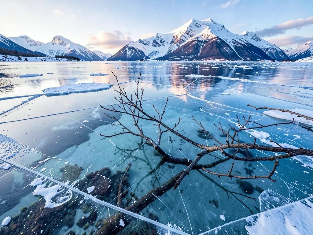 Perfectly clear ice allowing view of submerged branch
