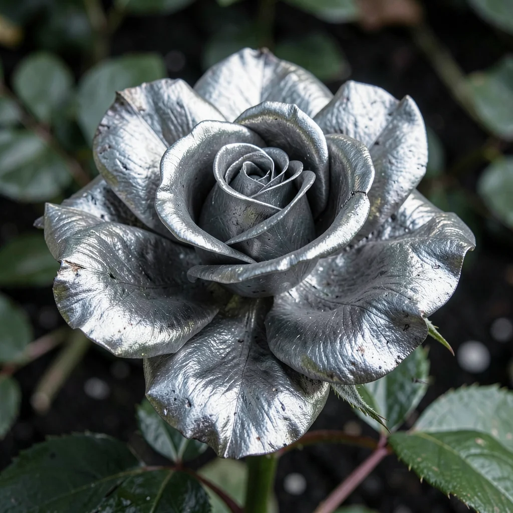Rose at peak bloom solarized until petals become metal, softness inverted into i