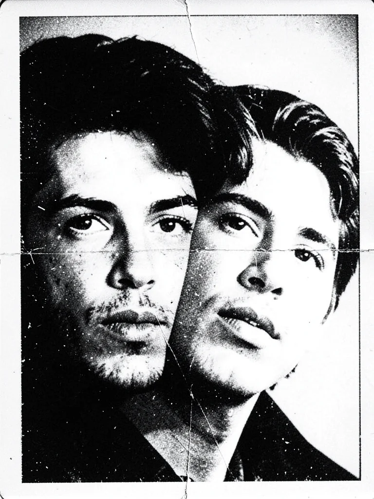 Two overlapping photocopied faces creating a double exposure effect, one slightl