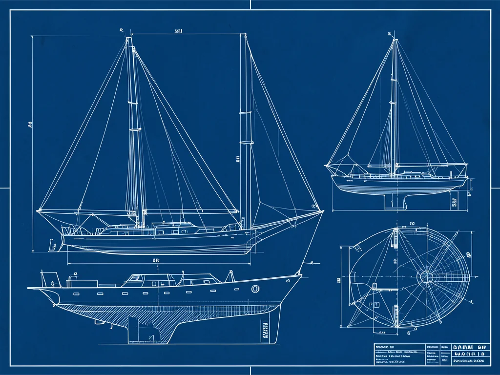 A technical drawing of a sailboat: hull lines, keel profile, rigging plan, and d