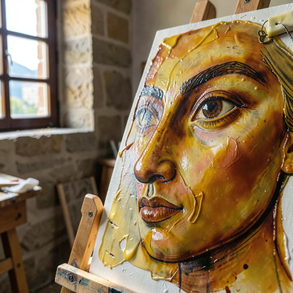 Warm encaustic painting studio on a Greek island, intimate and close, Mediterran