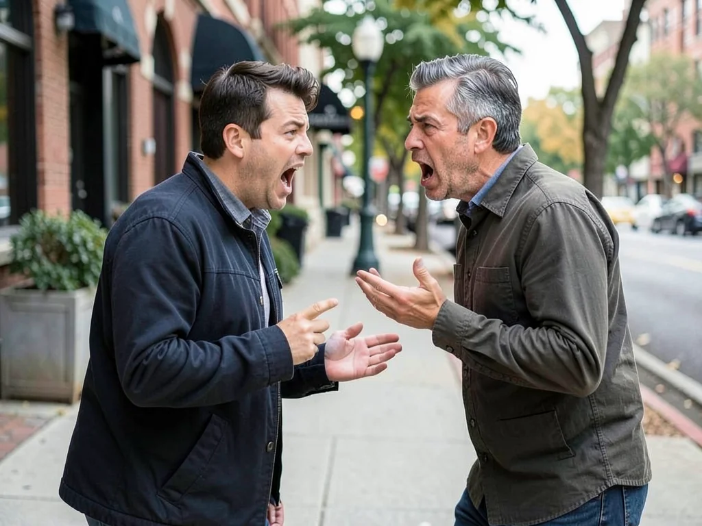 Two people arguing on sidewalk, body language screaming what faces would whisper