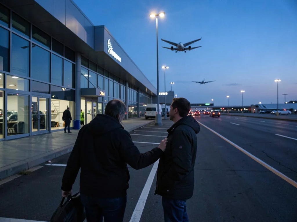 A goodbye at an airport drop-off lane during blue hour, one person already turni