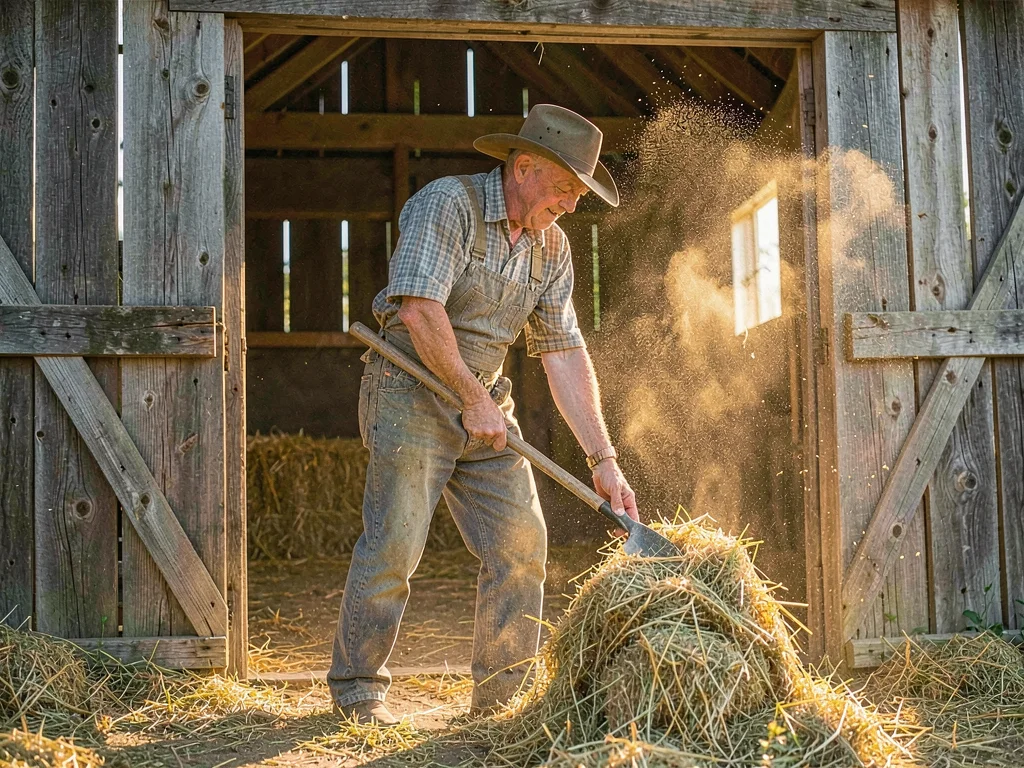 Farmer forking hay in barn doorway, every particle of dust illuminated like gold