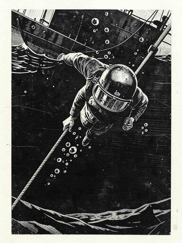 A diver in a heavy brass helmet descending on a line into dark water, air bubble