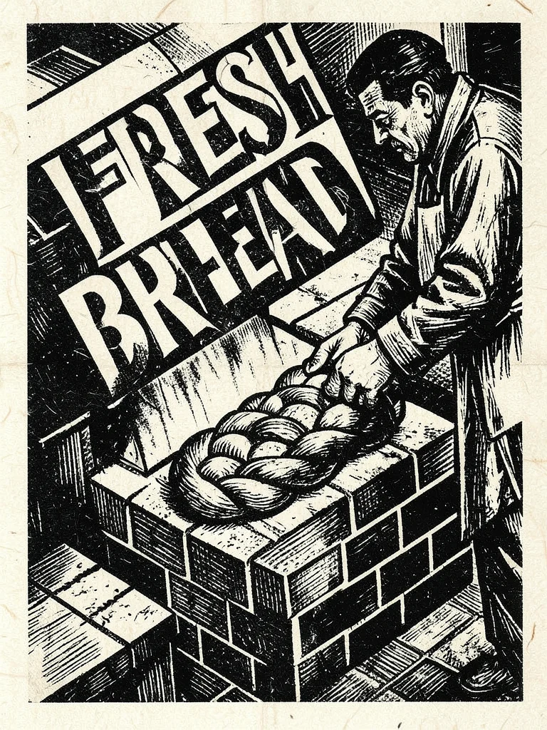 A woodcut of a baker pulling braided Easter bread from a brick oven, dramatic di
