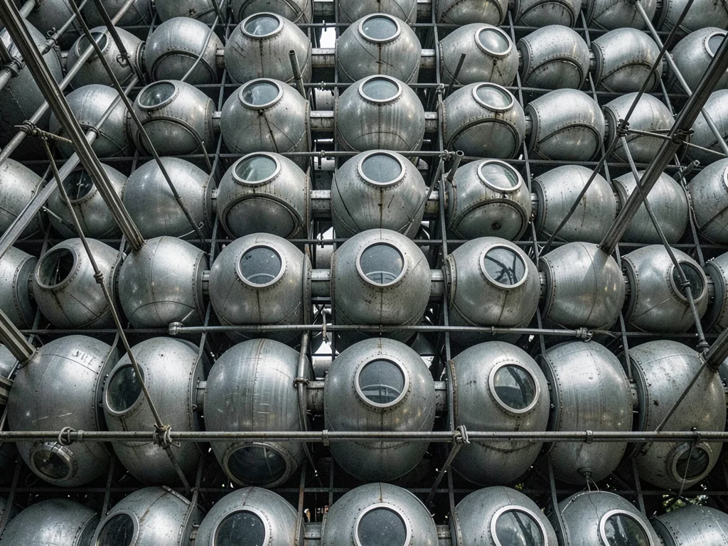 Façade of a capsule tower — tight grid of identical steel capsule pods, each wit
