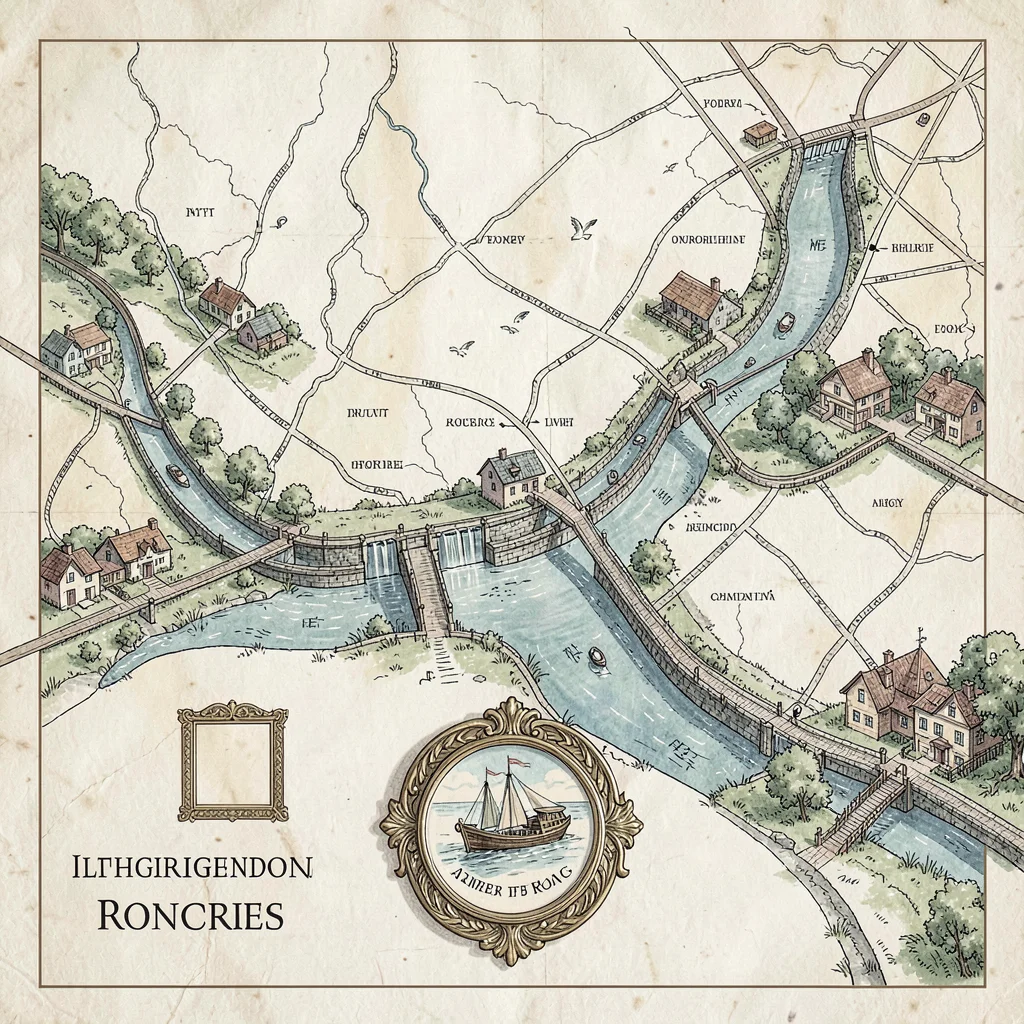 A nautical canal-cruise itinerary chart of a fictional inland waterway with lock