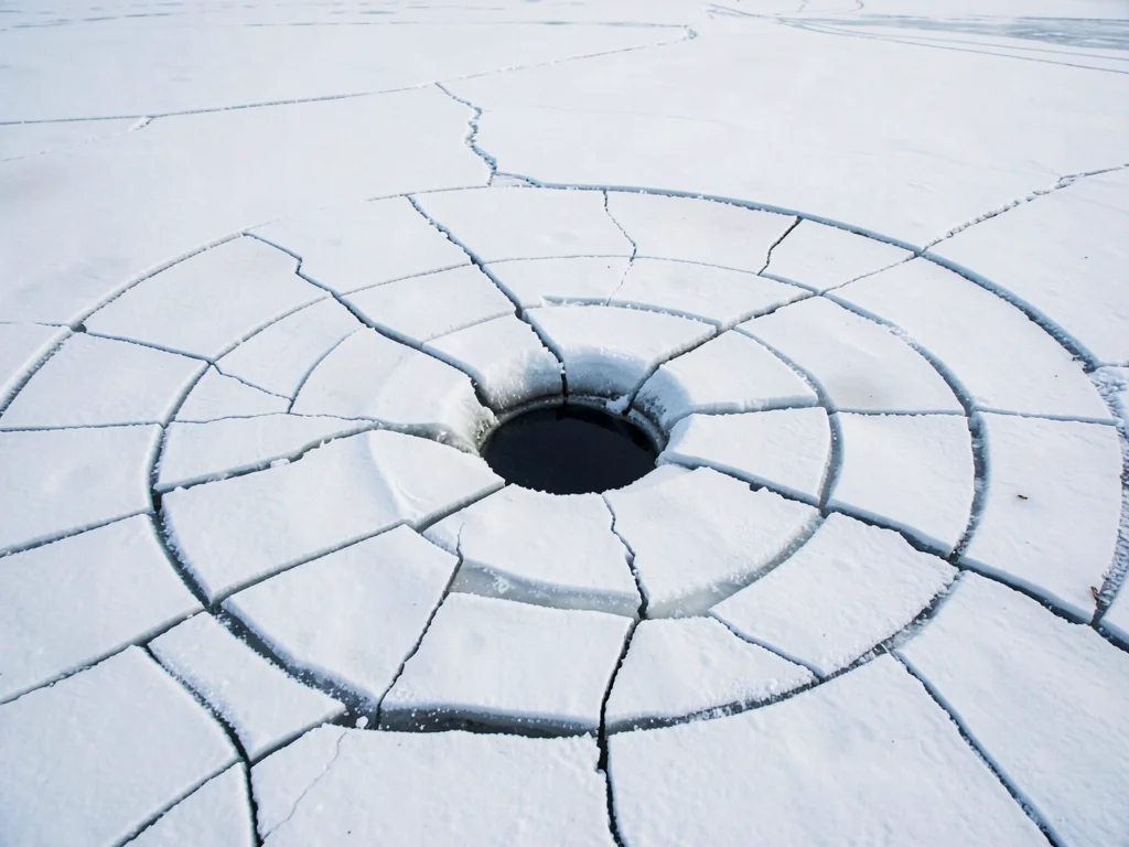 Frozen lake cracking in spiral patterns, single dark ice fishing hole punctuatin