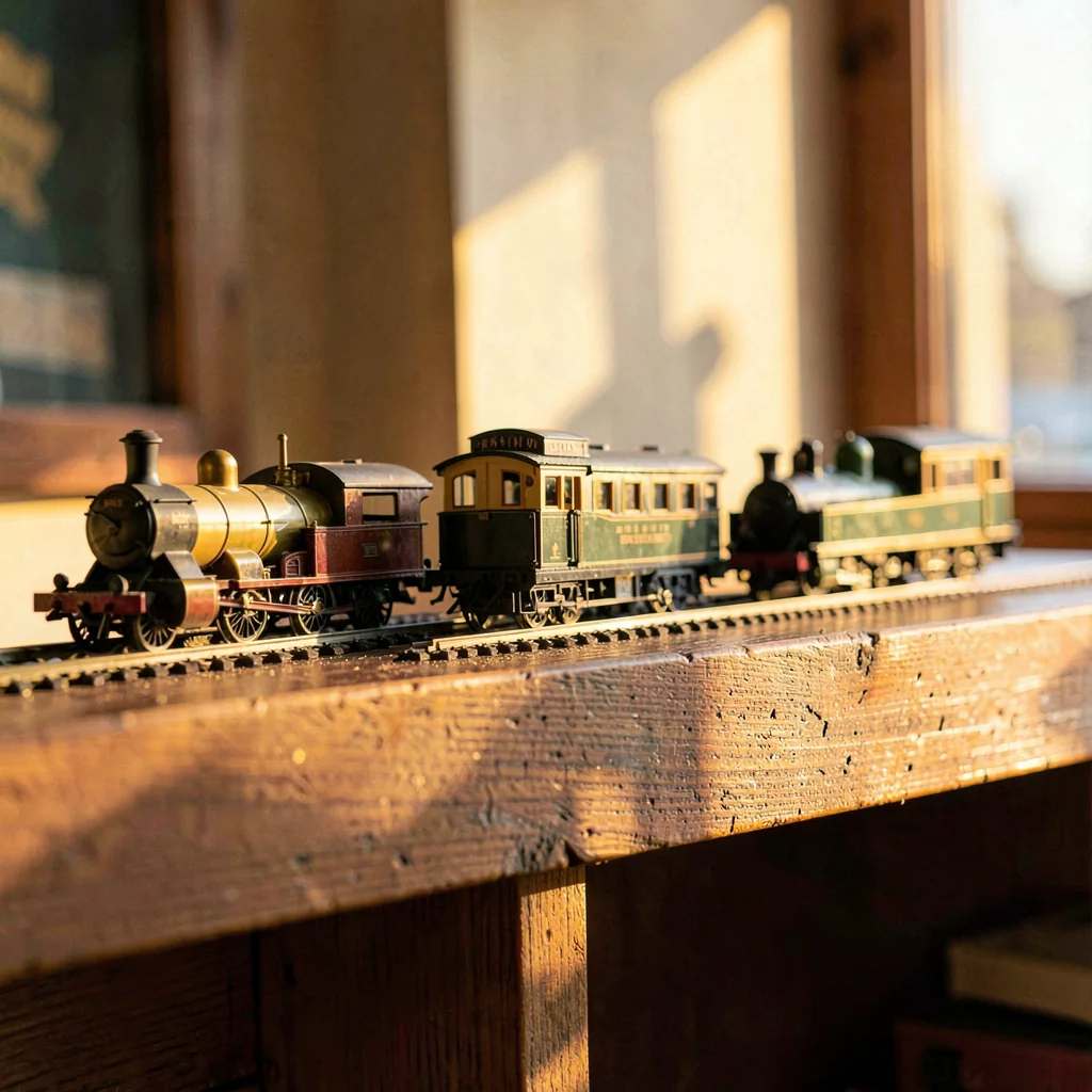 Three model train cars coupled together on a wooden display shelf, golden hour l
