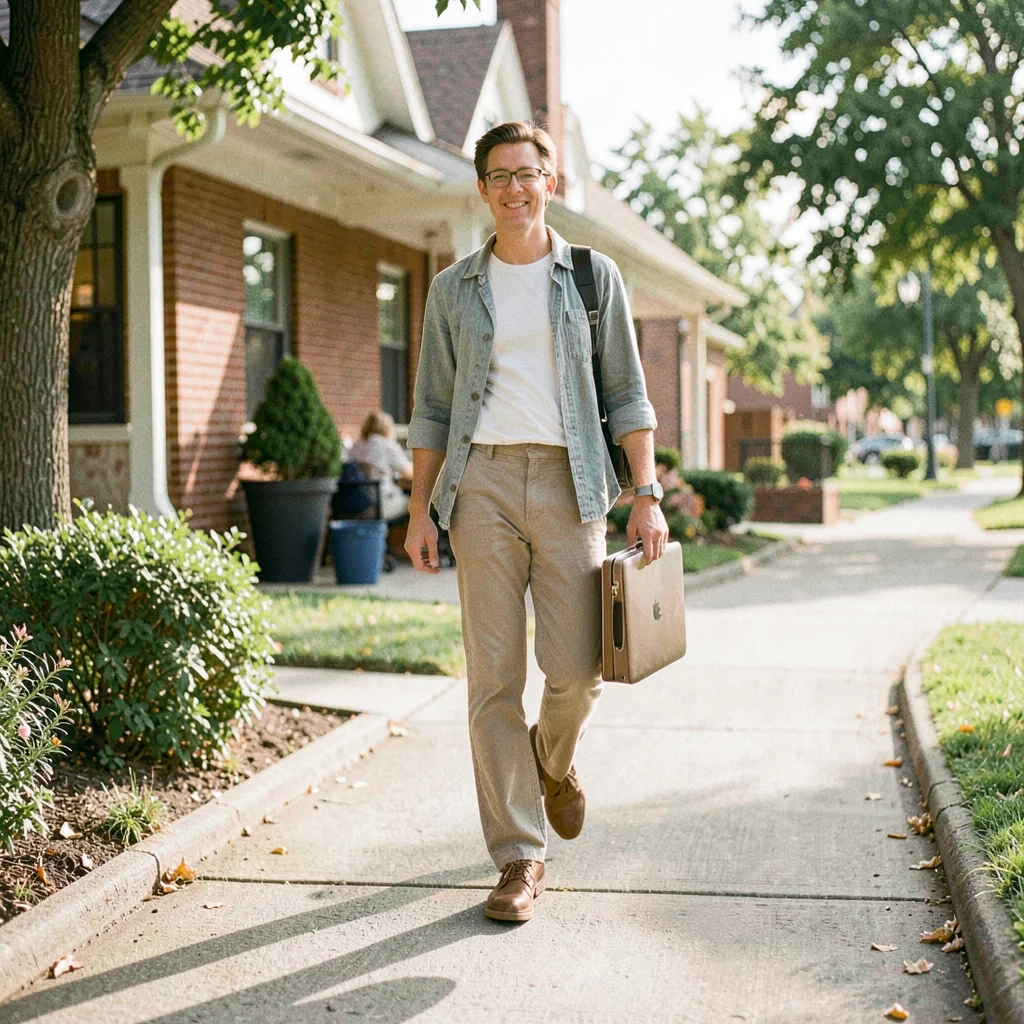 Documentary photograph, Person walking outdoors with laptop bag, transitioning b
