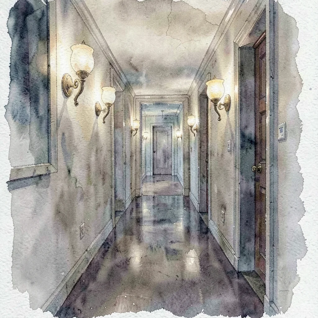 Watercolor of a dim hallway with sconces glowing along the wall