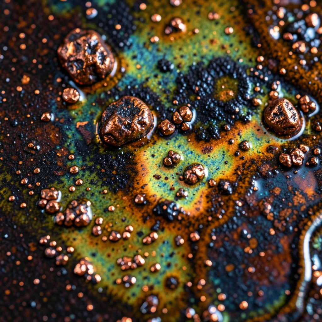 Copper-fumed raku surface, metallic copper deposits from post-firing reduction, 