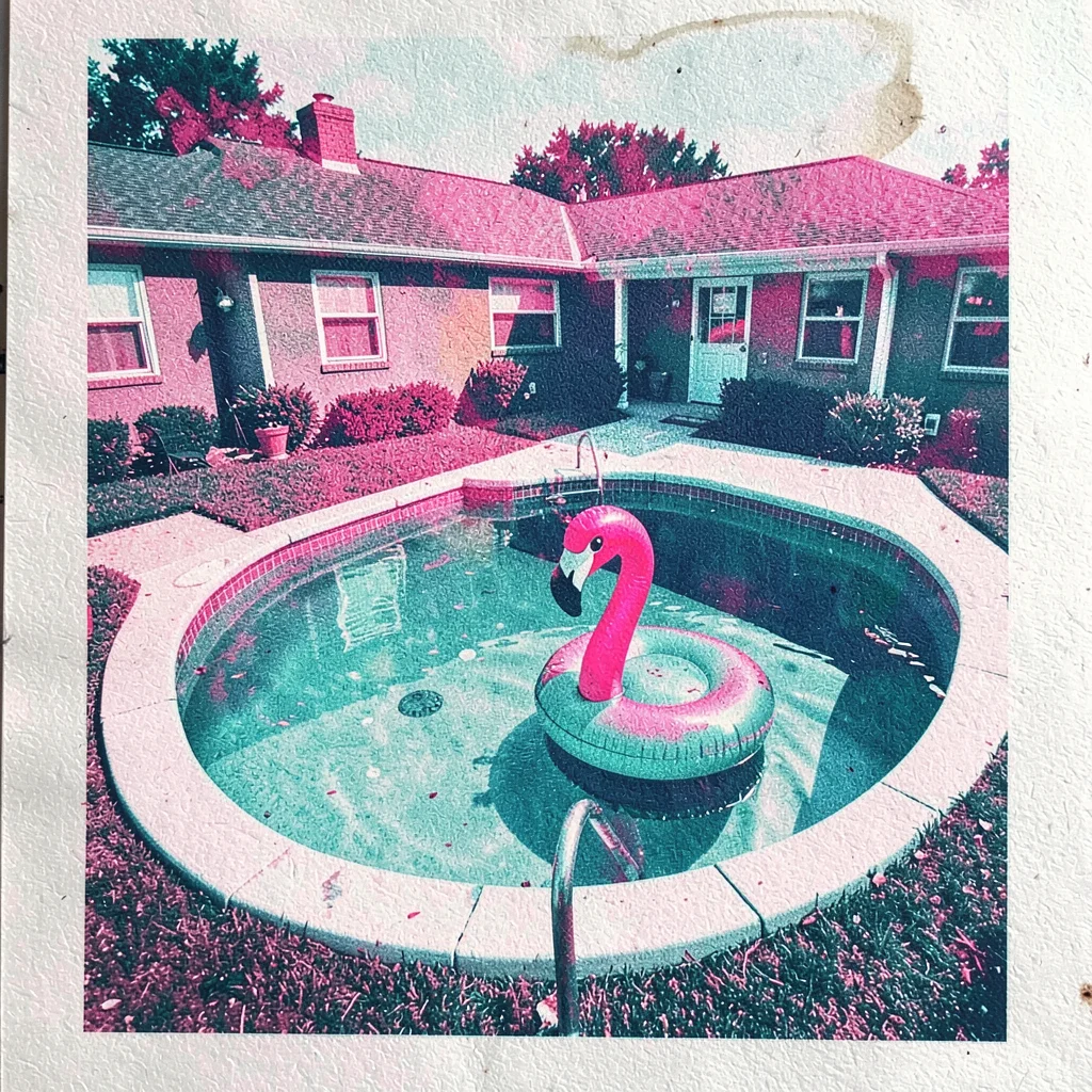 Kidney-shaped backyard pool of a tract house with a single inflatable flamingo d
