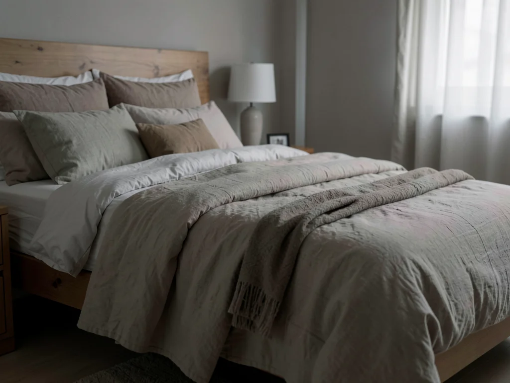 Linen bedding in bedroom