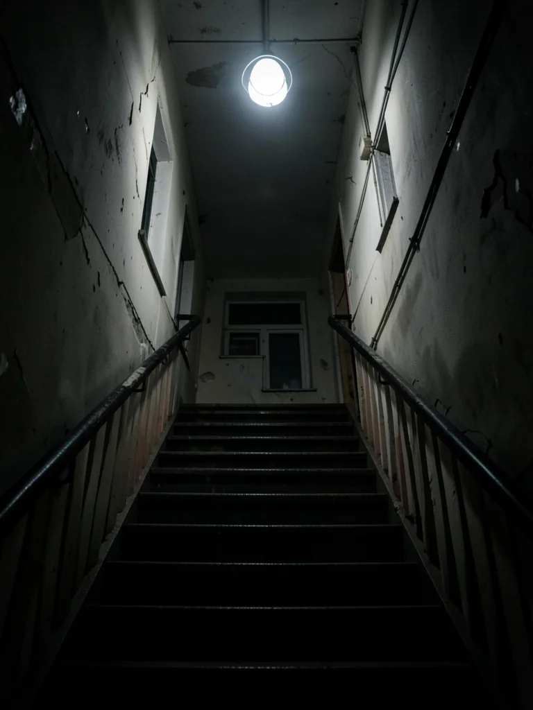 Staircase in old apartment building, harsh overhead light, deep shadows, looking